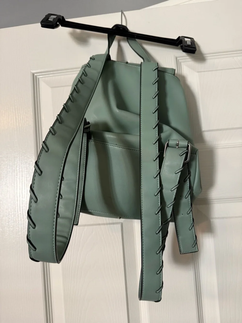 Zara Sage Green Faux Leather Backpack Minimalist Flap Drawstring Bag